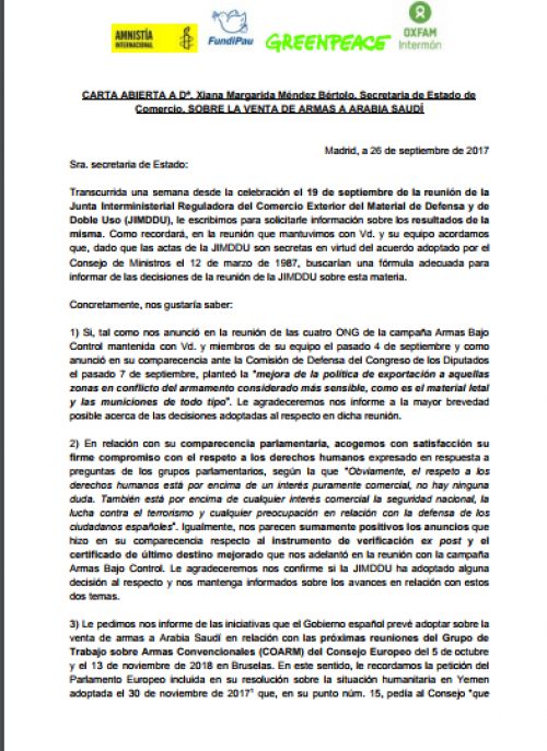 Carta abierta de Amnistía Internacional, Fundipau, Greenpeace y Oxfam Intermón