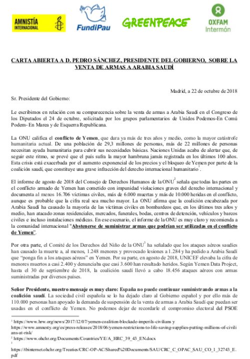 Carta abierta de Amnistía Internacional, Fundipau, Greenpeace y Oxfam Intermón
