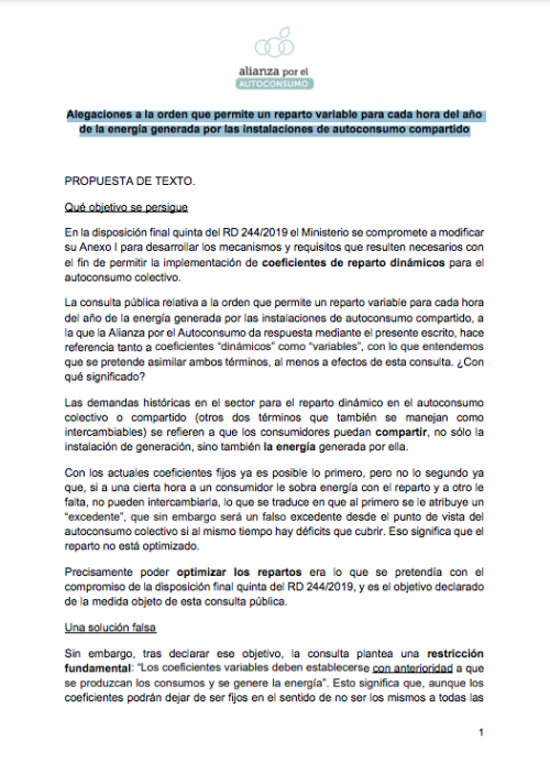Alegaciones a la orden que permite un reparto variable para cada hora del año de la energía generada por las instalaciones de autoconsumo compartido