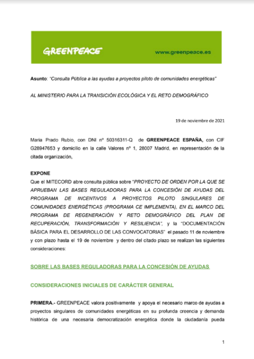 Alegaciones de Greenpeace a la consulta de ayudas a proyectos piloto de comunidades energéticas MITECO