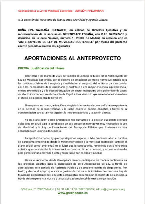 Aportaciones de Greenpeace al Anteproyecto de Ley de Movilidad Sostenible