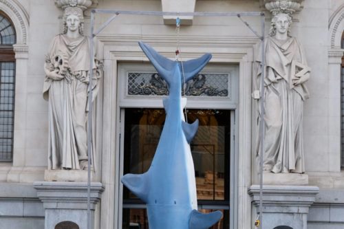 Un tiburón de 5 metros denuncia el 'bluewashing' del Gobierno en el Día de los Océanos. Greenpeace / Pedro Armestre