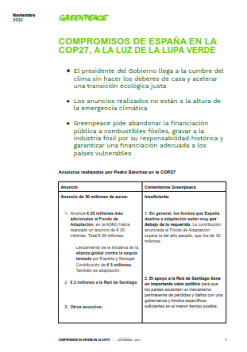 COMPROMISOS DE ESPAÑA EN LA COP27, A LA LUZ DE LA LUPA VERDE