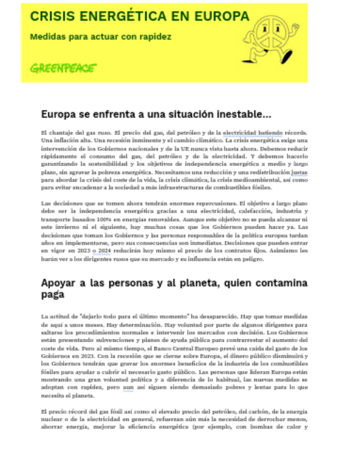 CRISIS ENERGÉTICA EN EUROPA. Medidas para actuar con rapidez