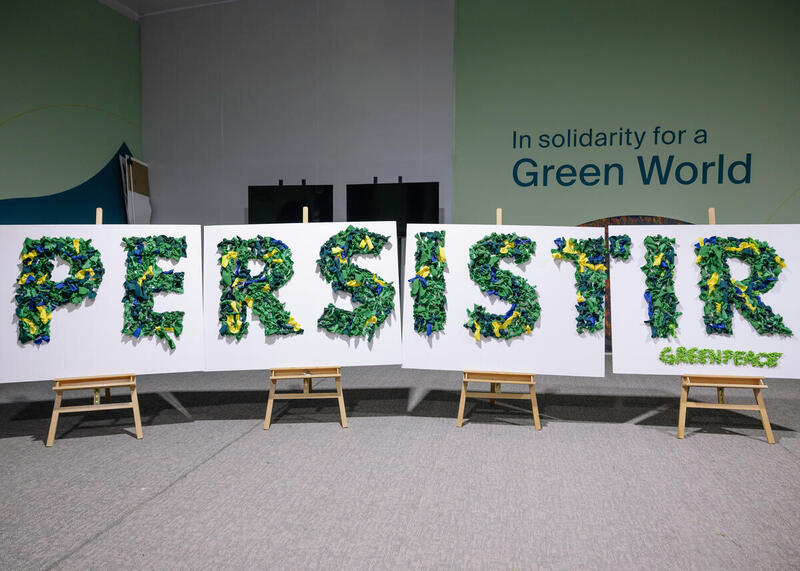 Señal de “Persistir”, que significa “persistir” en portugués, una señal de que el trabajo debe continuar en la COP30 en Brasil © Marie Jacquemin / Greenpeace