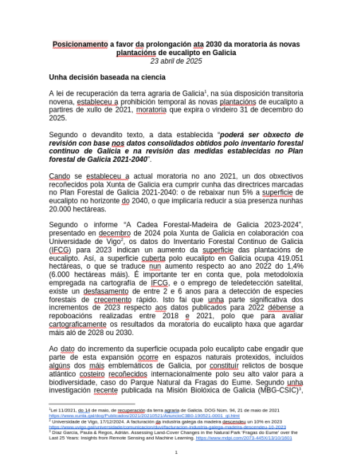 Posicionamento a favor da prolongación ata 2030 da moratoria ás novas plantacións de eucalipto en Galicia